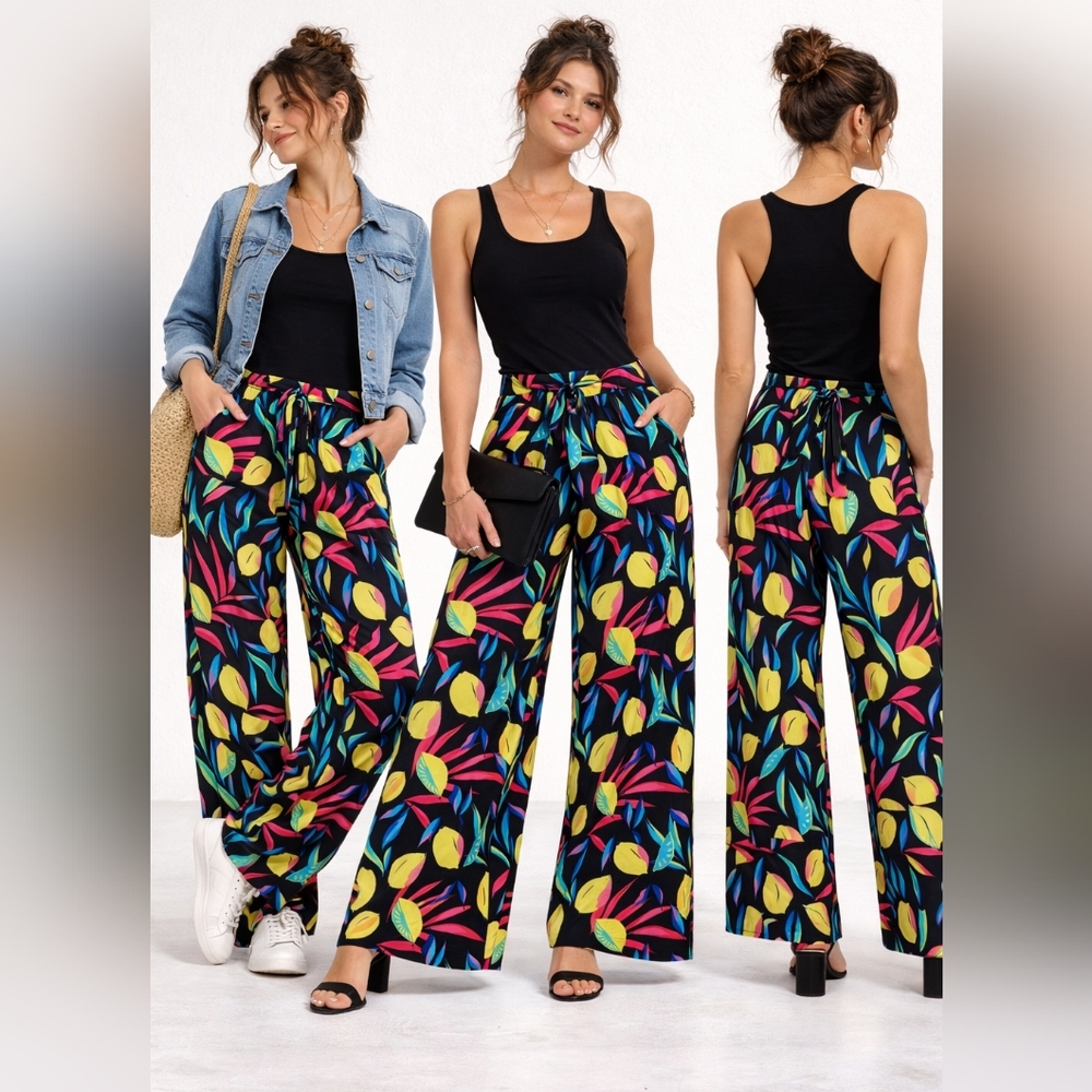 New Tabitha Brown X Target Lemon Print Flare Palazzo Pants Linen Rayon Rio Inspi